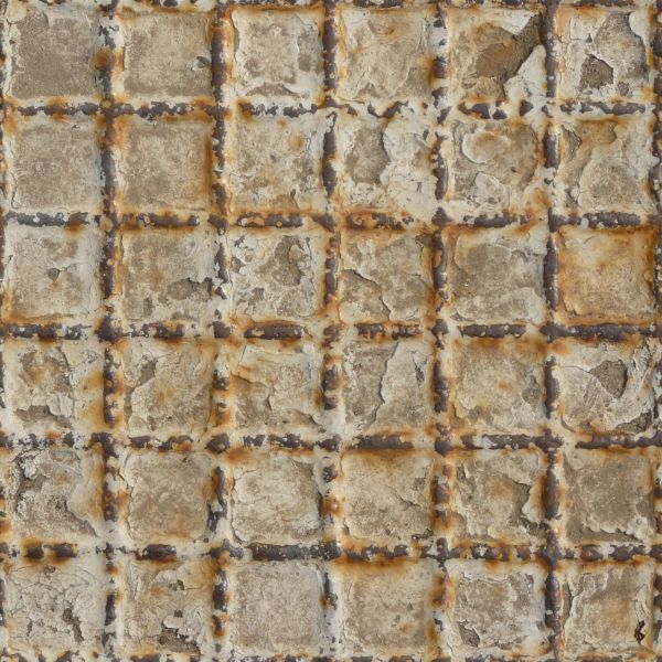 Texture of very old, metal plate with gridded pattern and worn, rusting surface.